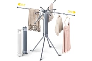 BIREN Clothes Drying Rack Foldable Extending Laundry Rack with 16 Clips Collapsible Clothing Rack Space-Saving Clothing Racks for Hanging Clothes, Indoor, Camping, Balcony, Outdoor