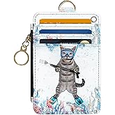 DATOUCAT Slim Wallet Credit Card Holder, Cat in the water, RFID Wallet Women Cute Small Front Pocket Wallet With Zipper, PU Leather Thin travel RFID Blocking Card Case ID Window,Ladies Gift