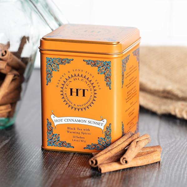 HARNEY & SONS CAFFEINATED HOT CINNAMON SUNSET BLACK TEA WITH ORANGE AND CLOVES TIN 20 SACHETS (PACK OF 1)