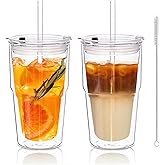 KEMORELA 16oz Clear Glass tumbler with Lids and Straws 2pcs,Double Wall Iced Coffee Cups with Lids,Coffee Bar Accessories, Insulated Borosilicate Glass Tumblers, To Go Coffee Cups, Spill proof