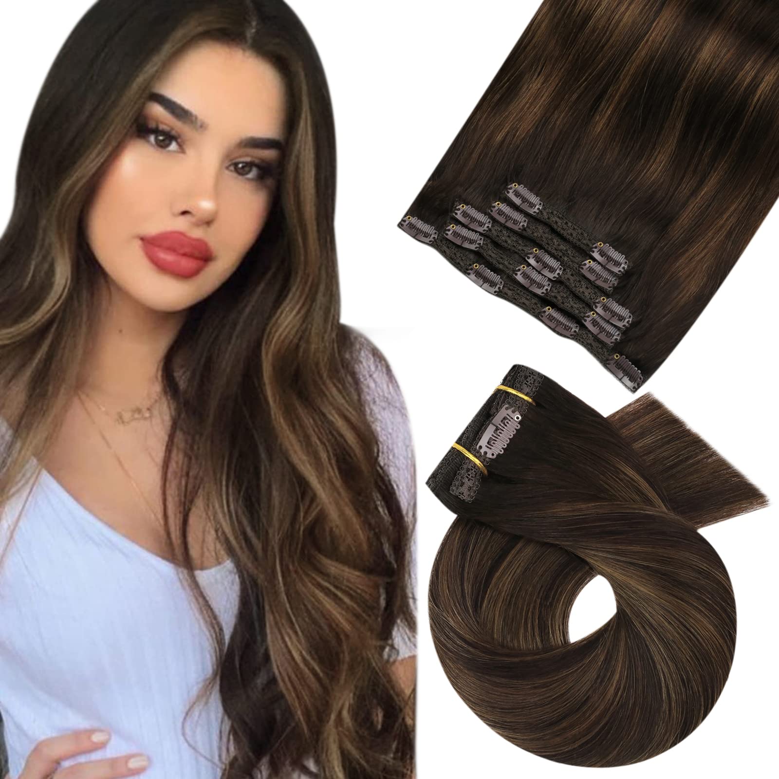 Moresoo Clip in Hair Extensions Real Human Hair Balayage Dark Brown and Medium Brown Clip in Human Hair Extensions Short 10 Inch Remy Hair 5pcs/80g #2/6/2 — image 1