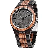 BYMAX Men Wood Watch Quartz, Fashion Handmade Wooden Wrist Watches Mens