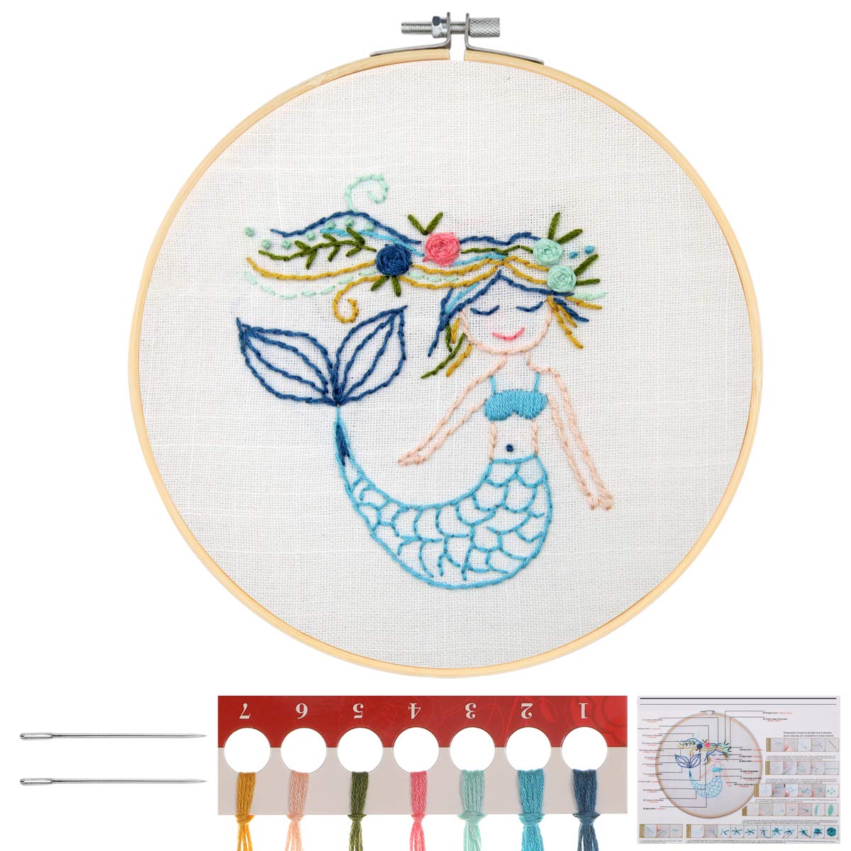 MWOOT Kids Embroidery Kit with Cute Mermaid Pattern, Cross Stitch Stamped Embroidery Kit for Children Beginner Starter