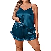 SOLY HUX Women's Plus Size Silk Satin Pajama Set Cami Top and Ruffle Hem Shorts Lounge Sleepwear