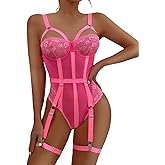 Eagerlove Women Lingerie Sets with Garter Belt Bodysuit Valentine's Gifts Sexy Lace Tops One Piece Strappy Teddy Babydoll