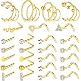 ONESING 23-40 Pcs Gold Nose Rings & Studs - 18G & 20G Nose Piercing Jewelry - L Shape, Hoop & Screw Body Jewelry for Women & Men