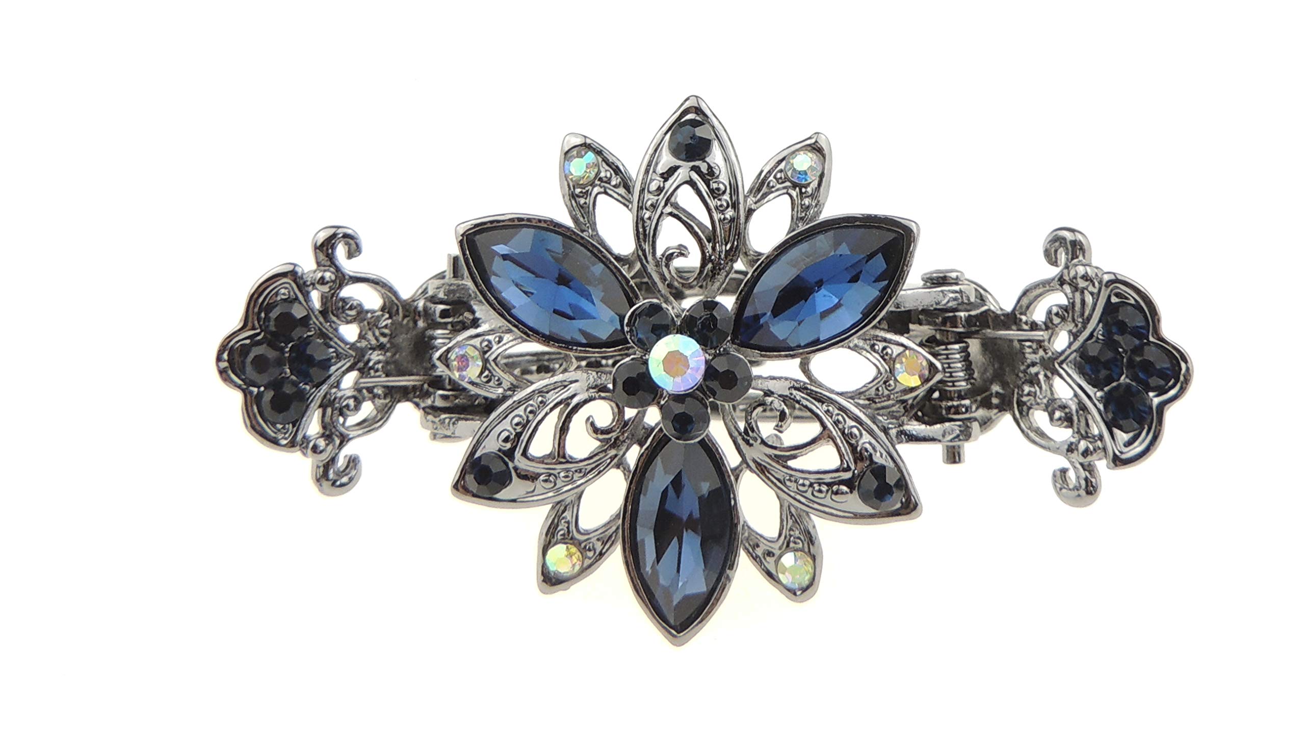 Beautiful Ladies Vintage Silver Tone Chunky Metal 7cm Hair Claw Flower (Blue)