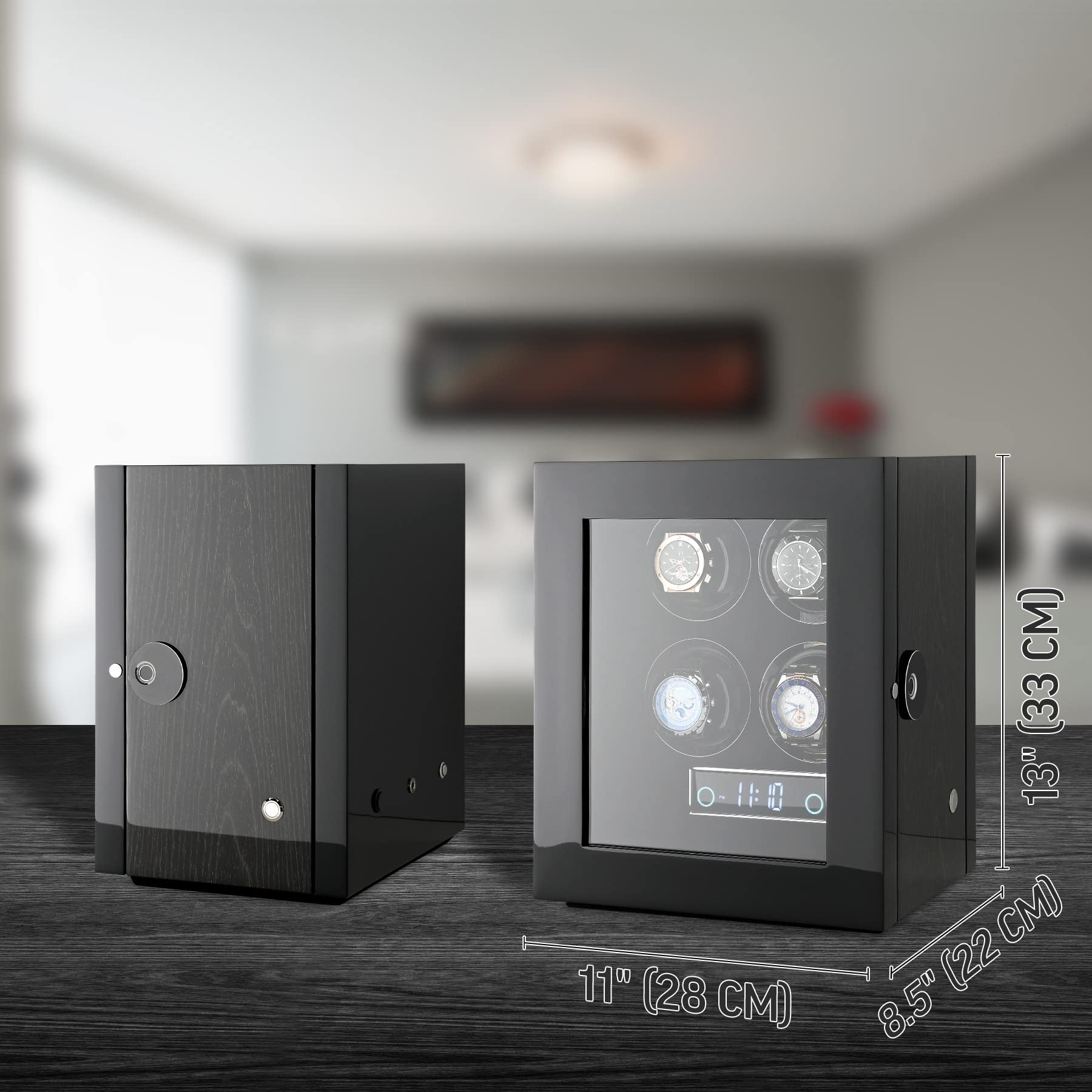 Watch Winder for 4 Watches with Fingerprint Lock, Interior Backlight and Remote Control