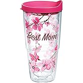 Tervis Cherry Blossom Best Mom Insulated Tumbler with Wrap and Fuschia Lid 24oz, Clear
