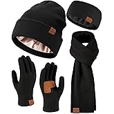 Womens Winter Warm Beanie Hats Gloves Scarf Headband Set Fleece Lined Ear Warmer Knit Scarf Touchscreen Gloves Winter Gifts