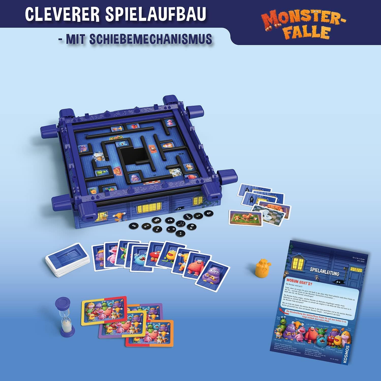 Kosmos 682637 Monsterfalle, Das lustiges Kinderspiel ab 6 Jahre, für 2 bis 4 Personen, Brettspiel mit besonderem Schiebemechanismus, kooperatives Familienspiel, spannendes Gesellschafttspiel 3