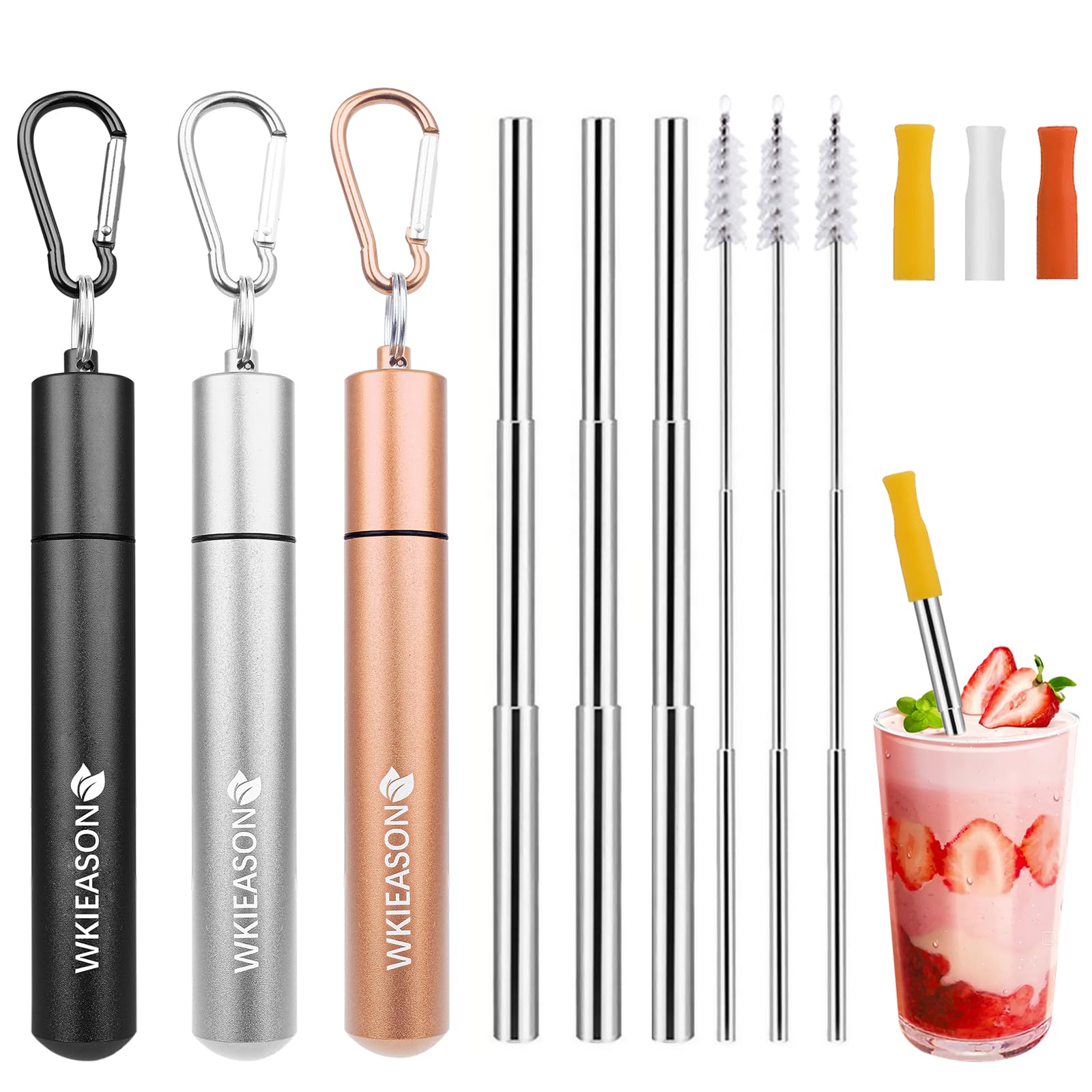 WKIEASON 3 Pack Portable Metal Drinking Straws Collapsible Stainless Steel Straws Telescopic Reusable Straw with Aluminum Key-Ring Case & Cleaning Brush and Silicone Tips for Travel Home Work