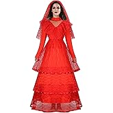 ZIFUNMUR Women Red Gothic Wedding Bride Costume Dress Adult Wedding Lace Goth Halloween Cosplay Dress Veil Outfit