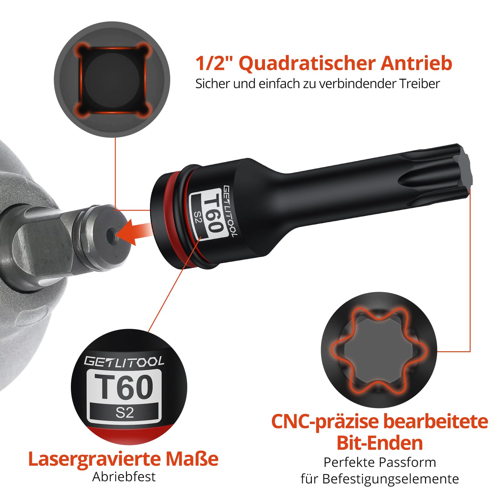 GETLITOOL 1/2" Kraft Torx Bit Schlagschrauber Nüsse Satz, 10tlg S2-Stahl Bit Einsatz Satz T25 - T80, Länge 78 mm Steckschlüsselsatz für Torx Schrauben 4