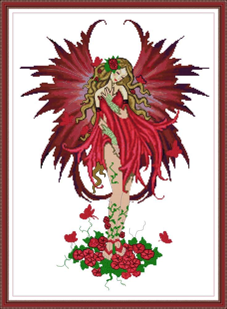 CaptainCrafts Stamped Cross Stitch Kits Pre-printed 11CT Fabric DMC DIY Art Embroidery kits Needlework Crafts Flower Red Fairy (Stamped 11CT)
