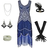 Eunchaes 1920s Gatsby Sequin Fringed Beaded Flapper Dress Cocktail Dress with Roaring 20s Accessories Set