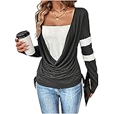 SweatyRocks Women's Long Sleeve Shirts Draped Cowl Neck Color Block T Shirt Fall Going Out Tops