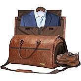STOVER Garment Travel Duffle Bag, Large 2-in-1 Convertible Carry-on Luggage for Men & Women- Hanging Suits, Dresses & Clothes + Shoe Compartment- Weekender Tote Combo Duffel (Brown Leatherette)