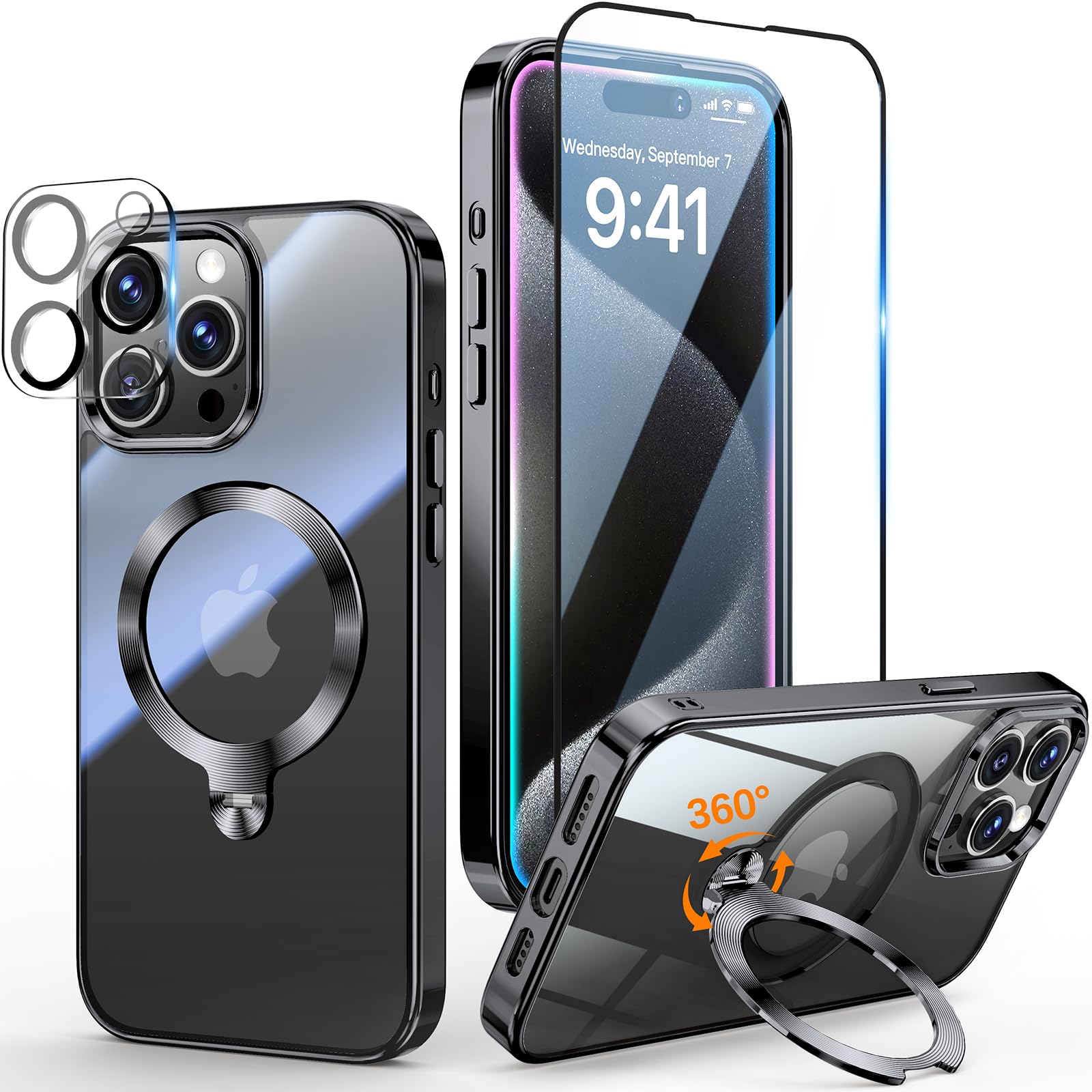 Yondcd [Tri-Shield Protection] for iPhone 15 Pro Case with 360° Spin Stand Compatible with MagSafe [Magnetic CD Ring] [Screen & Camera Lens Protector] Shockproof Plating Never-Yellowing, Black-6.1"
