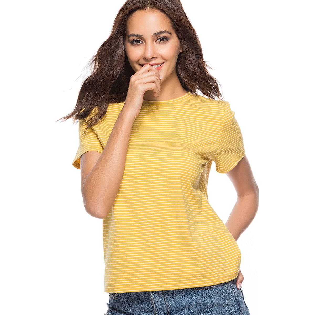Plusnuolee Womens Short Sleeve Round Neck Sports Striped T-Shirt Casual Loose Blouse Tee Top (L, Yellow)