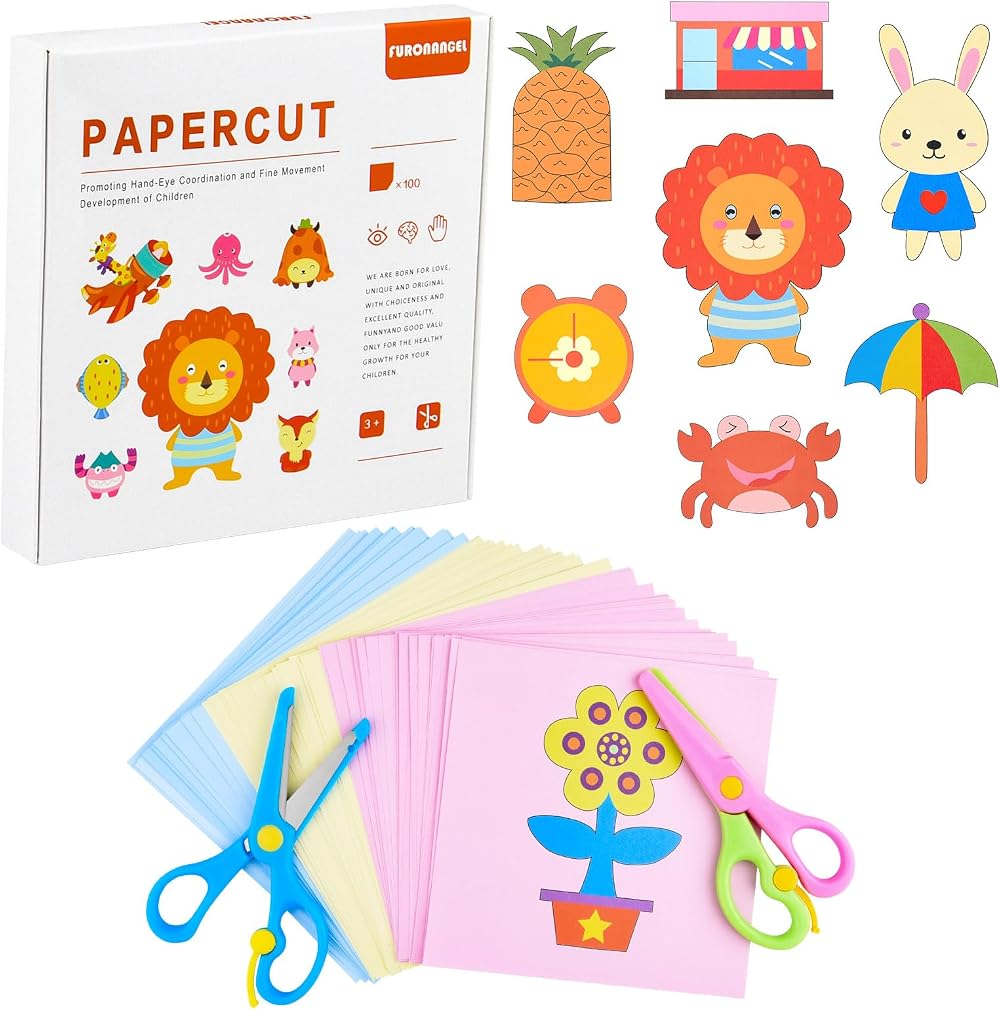 ASTARON 2 Kids Safety Scissors with 100 Pcs Paper Cuttings Crafts Set
