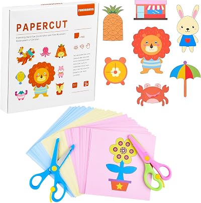 ASTARON 2 Kids Safety Scissors with 100 Pcs Paper Cuttings Crafts Set