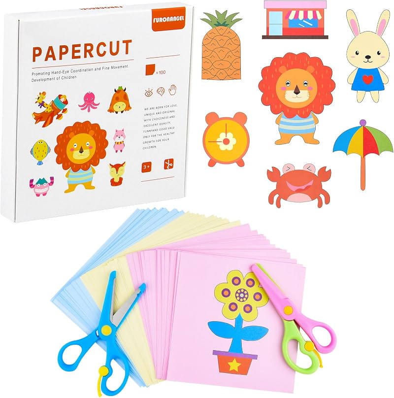 ASTARON 2 Kids Safety Scissors with 100 Pcs Paper Cuttings Crafts Set