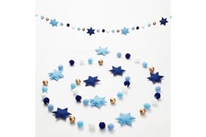 ZXOPM Hanukkah Garlands 6.5Ft Felt Hexagram Star Felt Banner Blue White Pom Pom Ornaments for Chanukkah Fireplace Wall Home Outdoor Party Hanging Decor Supplies