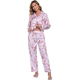 RONGTAI Womens Pajama Sets Button Down Long Sleeve Lapel Shirt with Pocket Matching Pj Pants Two Piece Loungewear Set