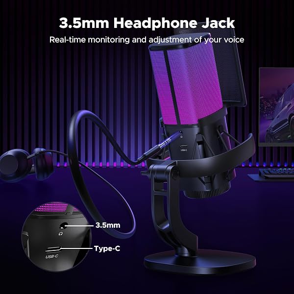 UGREEN USB GAMING MICROPHONE FOR STREAMING & VOICE CHAT, 24BIT/96KHZ CONDENSER MIC WITH QUICK MUTE, ZERO-LATENCY MONITORING, POP FILTER, SHOCK MOUNT, & RGB LIGHT FOR PC, PS5, DISCORD, PODCASTS