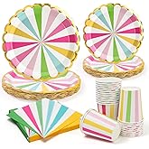 PCLMLES 96pcs Paper Plates Carnival Party Plates and Napkins Cups Circus Disposable Tableware Set for 24 Guest Baby Shower Wedding Tea Kid Birthday Party Supplies Decorations - Colorful Stripe