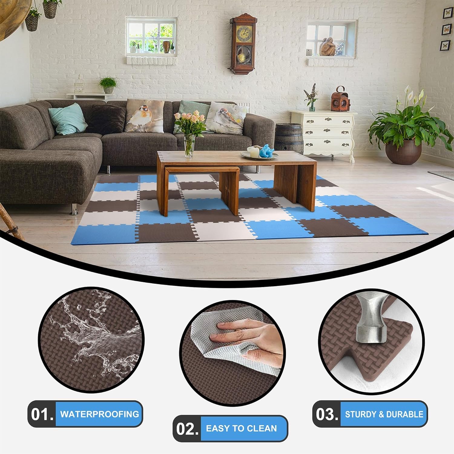 BalanceFrom Puzzle Play Mat, 36-Pc Interlocking Foam Floor Tiles, Blue/Brown/Beige - Playroom Tile Flooring Mats for Indoor and Outdoor Playpen and Playground