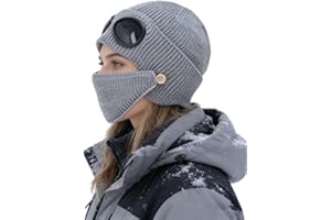 Unisex Knitted Beanie Hat with Goggles, Winter Warm Ski Hat with Detachable Mask & Ear Cover, Skull Cap for Outdoor Sports