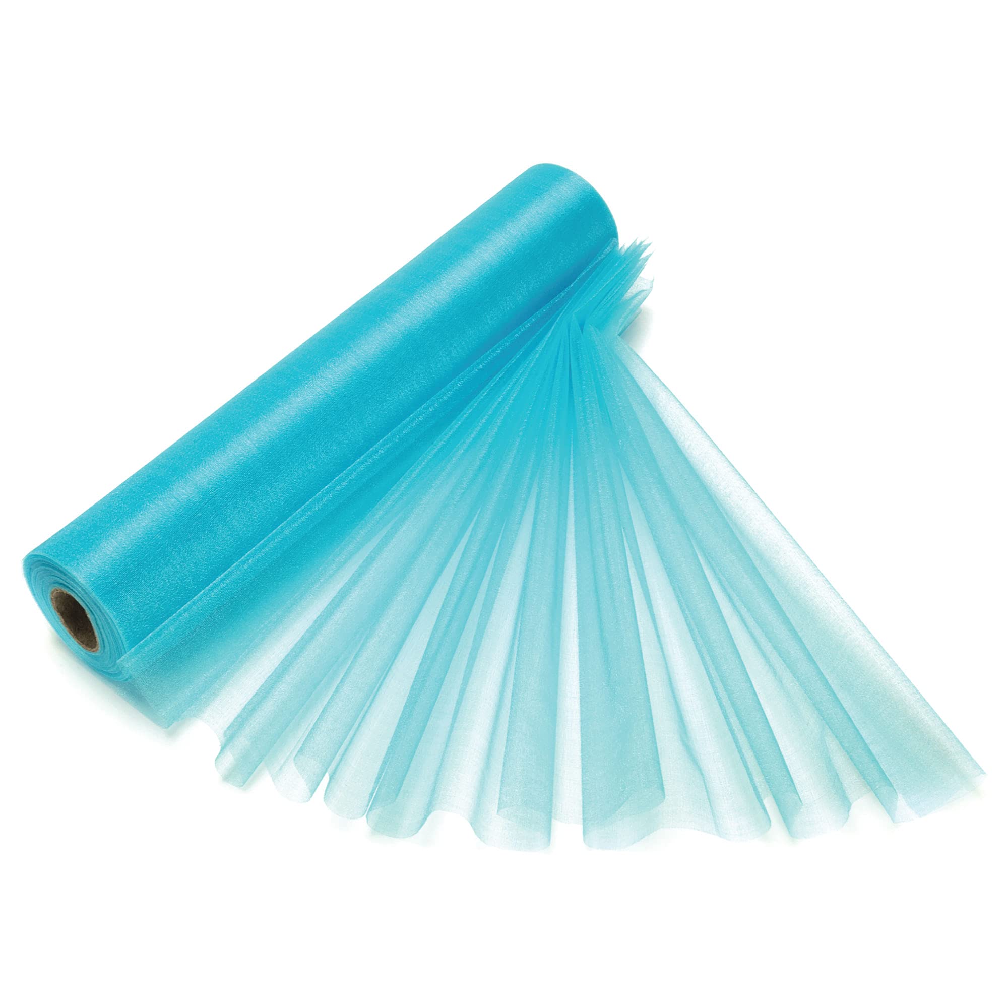 29cm x 25m Organza Roll Snow Sheer Fabric - Glitter Roll for Christmas Chair Bows, Table Runners, Dress Accents, Crafting Supplies for Ribbons, Party Favours, Aqua Blue