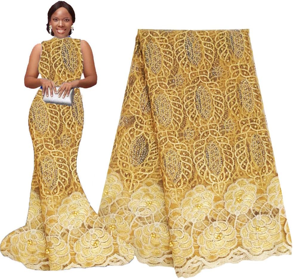 pqdaysun African Lace Fabric Nigerian French Lace Net Fabric Embroidered Fabric for Wedding Party F50762 (Gold, 5 Yards)