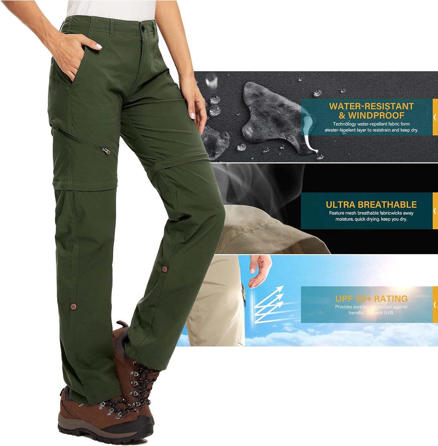 Women's Hiking Pants Quick Dry Convertible Stretch Lightweight Outdoor UPF 40 Fishing Safari Travel Camping Capri Pants: Clothing