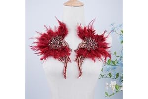 RACOSDM Handmade Beaded Rhinestone Appliques Sew on Crystal Flower Lace Patch Vivid Feather Patch, Multi-Color Pairs for DIY Clothing, Wedding Dress, and Home Decoration (Dark Red)