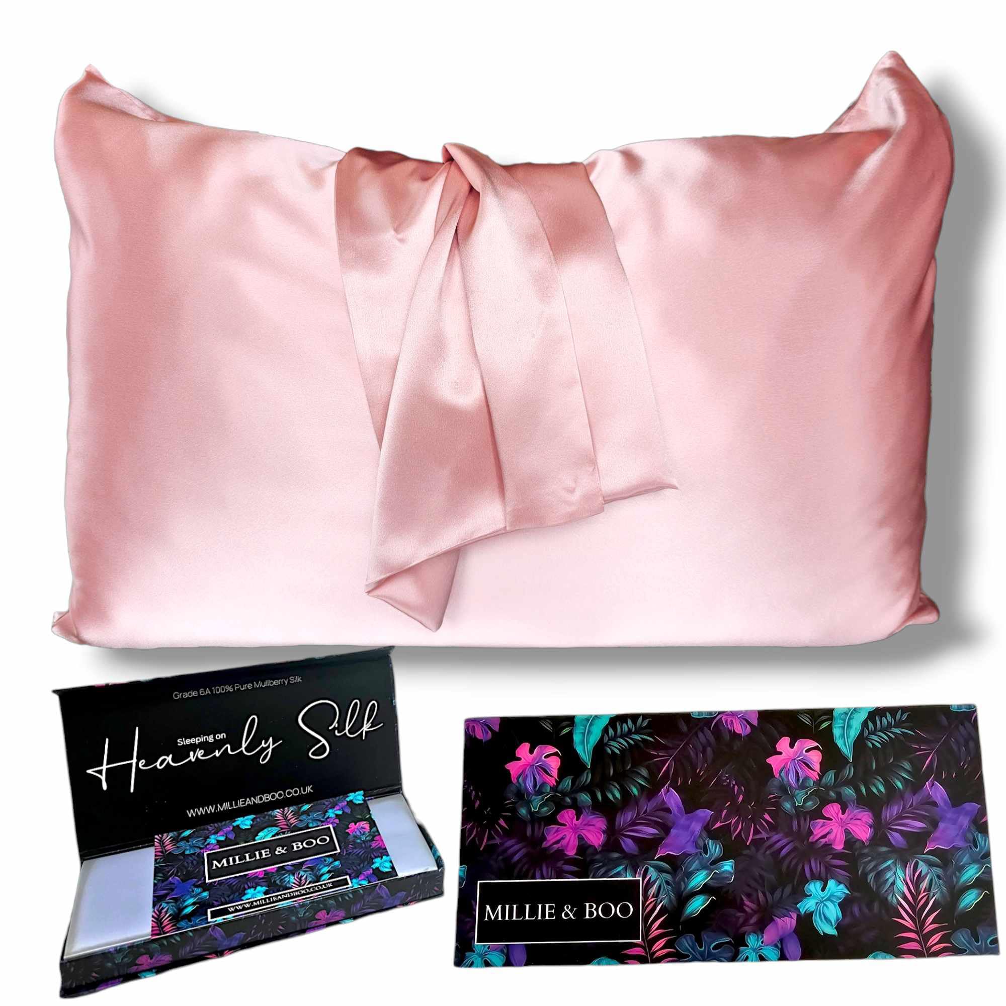 Millie & Boo Silk Pillowcase - 22 Momme Organic Silk Pillowcases for Hair and Skin, 50x75cm with Zipper Closure & Gift Box - Luxury Pillow Case for Women, 6A Grade (Pink)