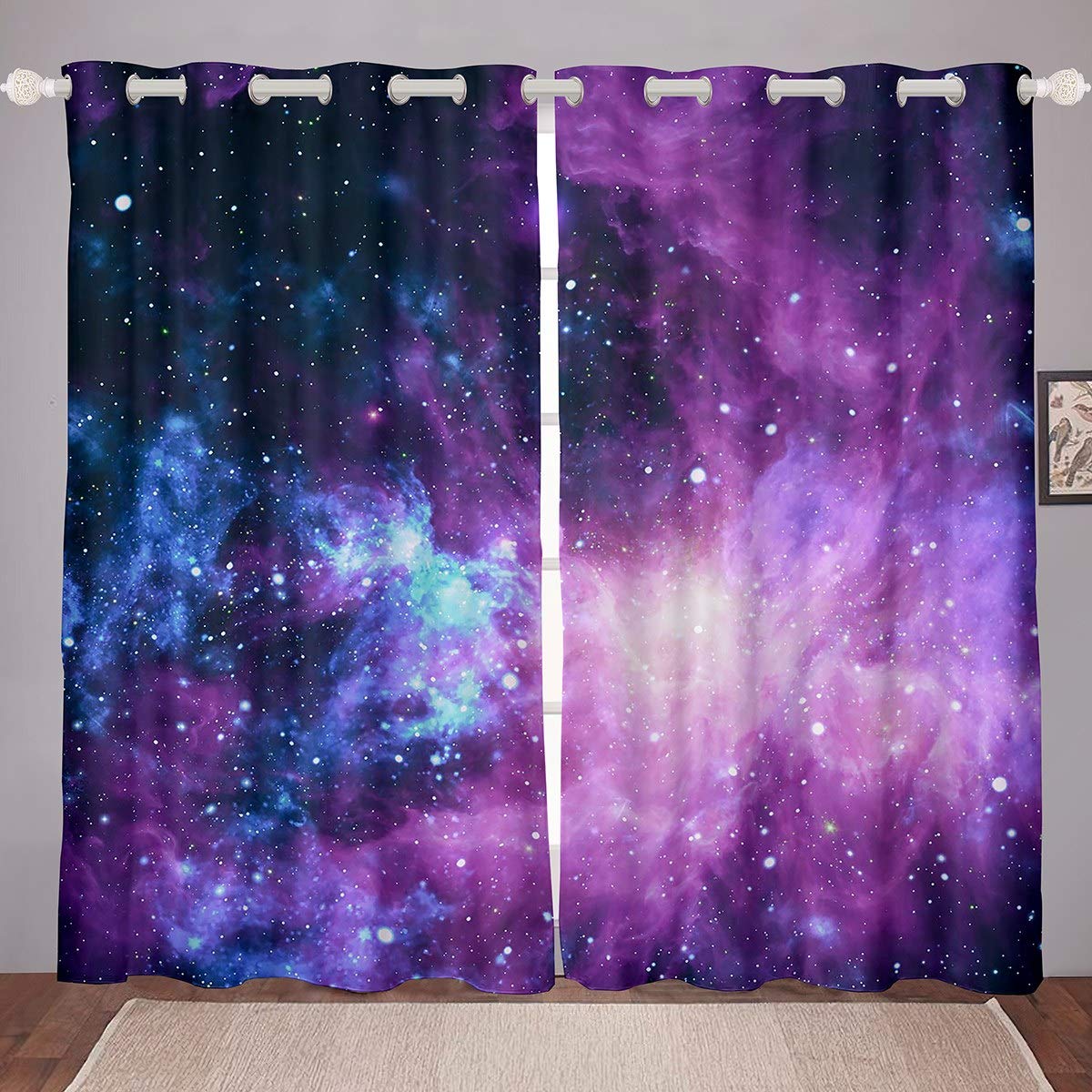 Loussiesd Galaxy Window Treatments Starry Sky Window Curtain Purple Blue Outer Space Curtains for Girls Children Teens Women Chic Milky Way Bedroom Decor Drapes W66*L72