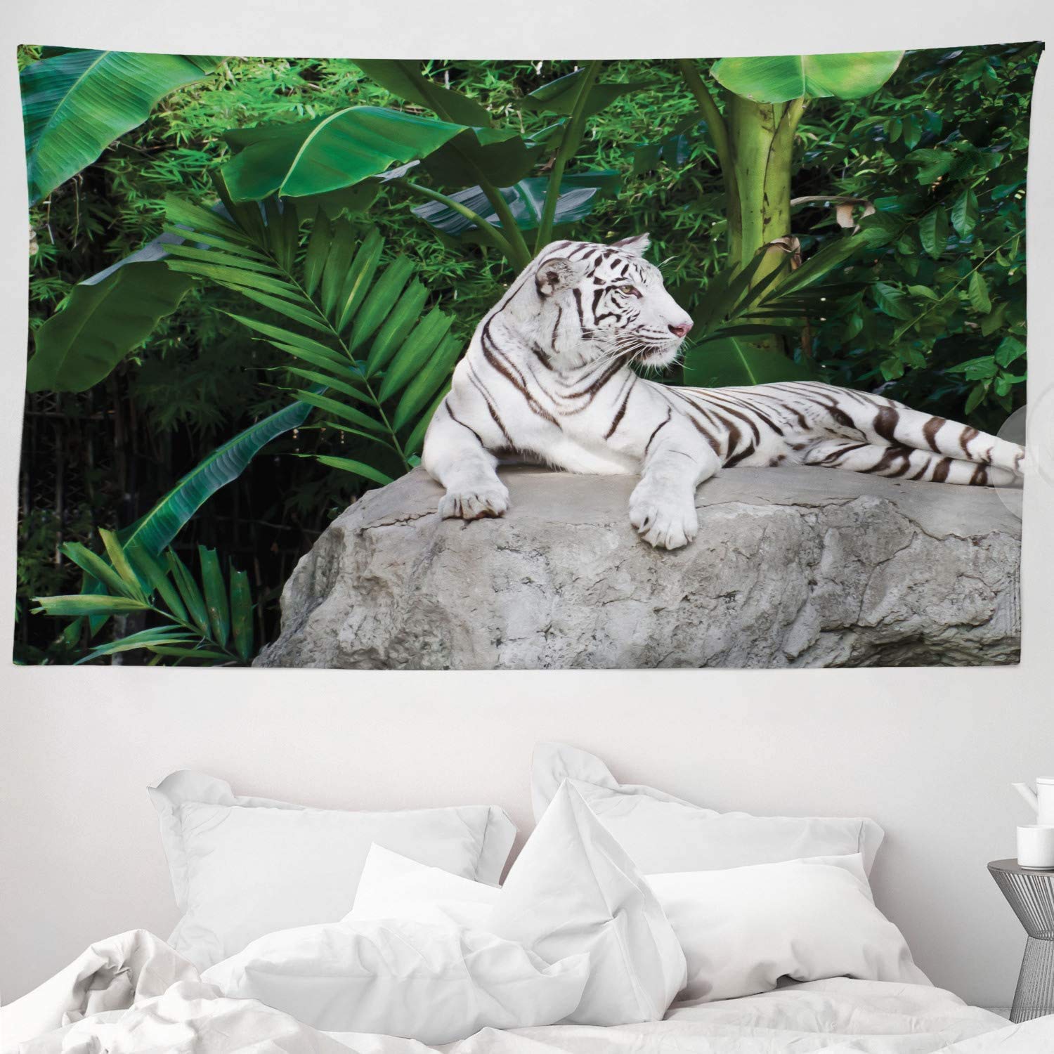 ABAKUHAUS Safari Tapestry, White Tiger Setting on Stone Tropic Plants Leaves Wild Jungle Majestic, Fabric Wall Hanging Decor for Bedroom Living Room Dorm, 90 W X 54 L, Beige Green Pale Grey