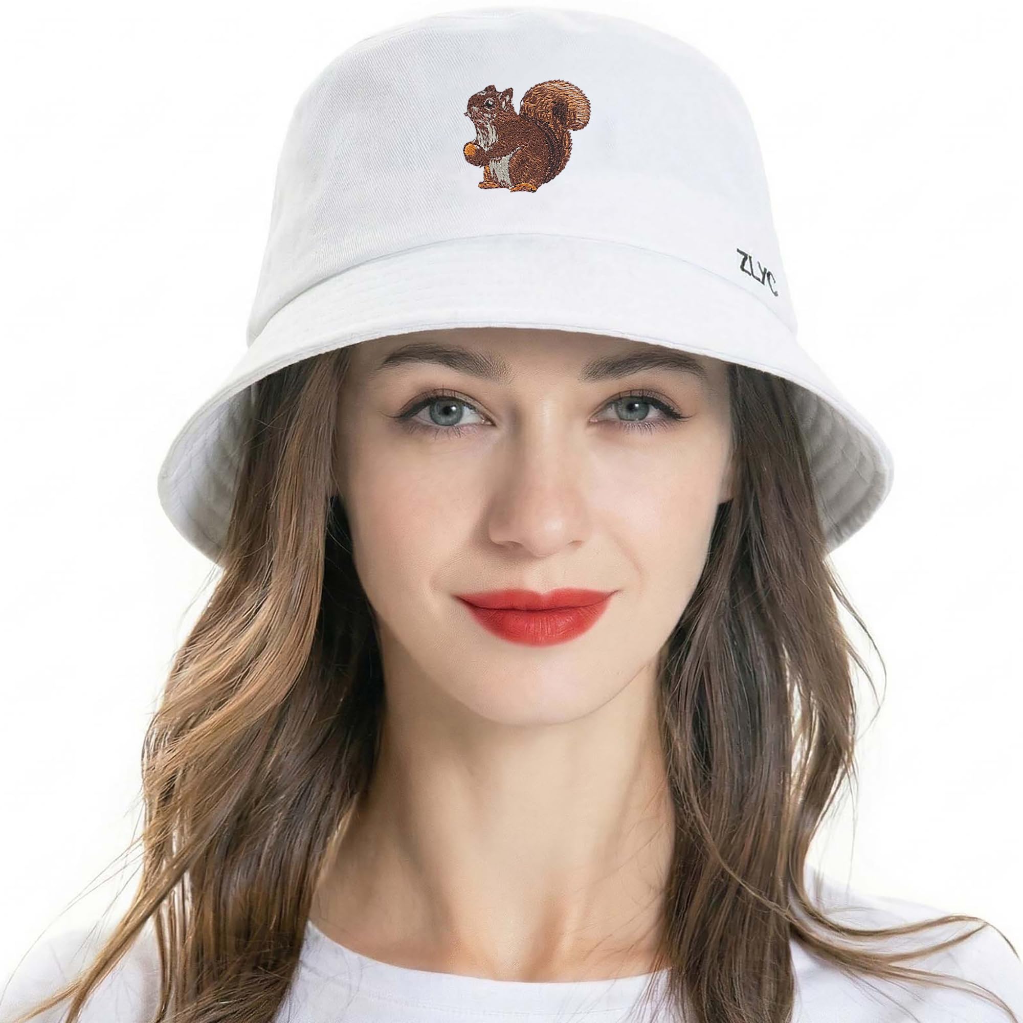 ZLYC Unisex Fashion Embroidered Bucket Hat Summer Short Brim for Men Women Teens (Squirrel White)