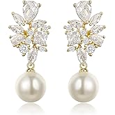 EVER FAITH Elegant Marquise Teardrop Cubic Zirconia Floral Faux Pearl Wedding Stud Earrings Bridal Prom Jewelry for Women Bride