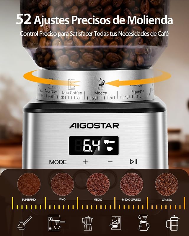 Molinillo de Café Eléctrico, 52 Ajustes de Molido, Acero Inox