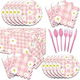 121Pcs Daisy Birthday Party Decorations Tableware Set Flower Plates Napkins Knives Forks Spoons and Tablecover for Girls Serve 20 Guests