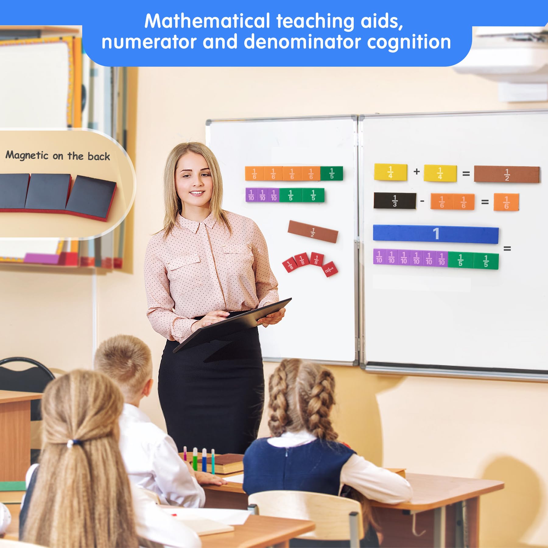 TOMMYHOME Magnetic Fraction Tiles for Kid's Maths Classroom Toys.Standing Teaching aids for Primary classrooms.Help Kids Learn Fractions (Rectangular)