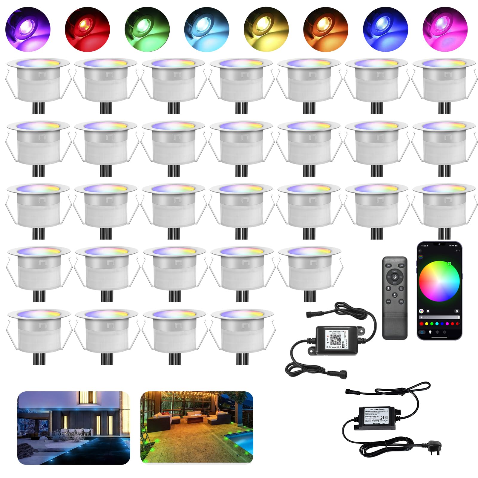 INDARUN RGBW WiFi Led Decking Lights Waterproof IP67 Ø45MM 12V - Led Plinth Light Kits for Terrace/Patio/Path/Wall/Garden/Decoration, 30 Packs
