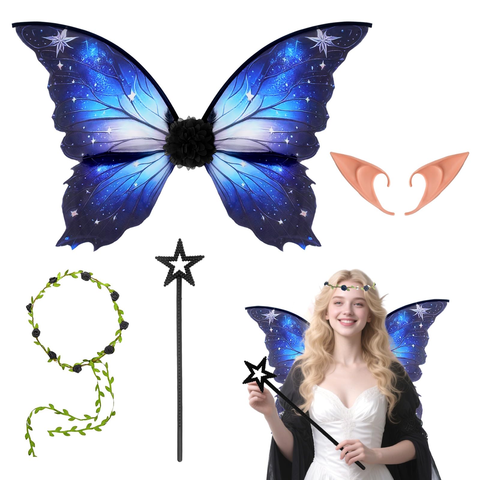 TOGETDREAM 4 Pcs Fairy Wings for Girls Women, Halloween Costume with Butterfly Wings Magic Wands Flower Headband Elf Ears for Role-Playing Halloween Birthday Chrismas Themed Party (Blue)