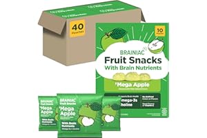 Brainiac Fruit Snacks, 'Mega Apple, Brain Boosting Patented BrainPack Ingredients with Omega-3s DHA/EPA and Choline, Functional and Nutritious Snacks, 40ct