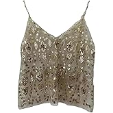 Women V Neck Sequin Cami Top Sexy See Through Strape Camisole Cute Beaded Top Going Out Party Outfits