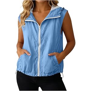 Women's Sleeveless UPF 50+ Hooded Vest Breathable Zip Up Sun Protection Jacket for Hiking Running Beach with Pockets
